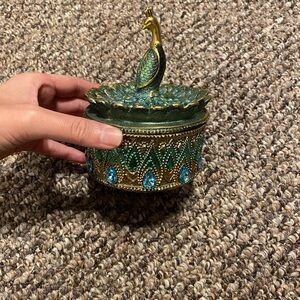Elegant Green and Gold Peacock Trinket Box